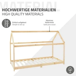 Kinderbett Hausbett 90x200 cm aus Kiefernholz Holzbett mit Dach und Lattenrost ML-Design-ECD Germany Online