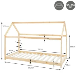 Kinderbett Hausbett 90x200 cm aus Kiefernholz Holzbett mit Dach und Lattenrost ML-Design-ECD Germany Online