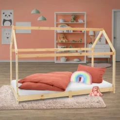 Kinderbett Hausbett 90x200 cm aus Kiefernholz Holzbett mit Dach und Lattenrost ML-Design-ECD Germany Online