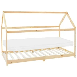 Kinderbett Hausbett 90x200 cm aus Kiefernholz inkl. Matratze H-10cm Holzbett mit Dach und Lattenrost ML-Design-ECD Germany Sale