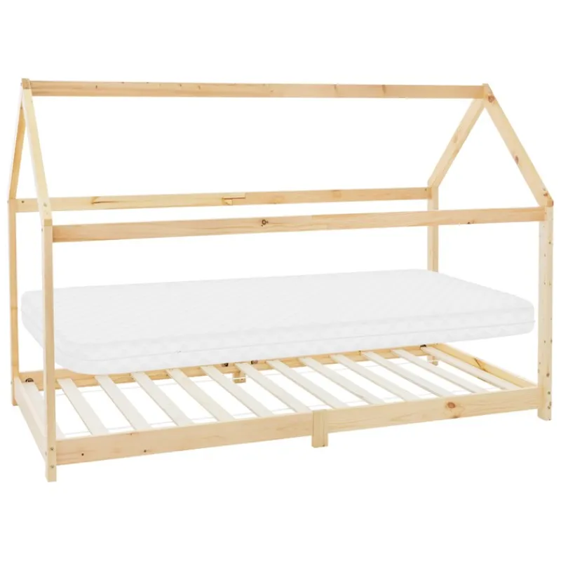 Kinderbett Hausbett 90x200 cm aus Kiefernholz inkl. Matratze H-10cm Holzbett mit Dach und Lattenrost ML-Design-ECD Germany Sale