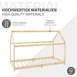 Kinderbett Hausbett 90x200 cm aus Kiefernholz inkl. Matratze H-10cm Holzbett mit Dach und Lattenrost ML-Design-ECD Germany Sale