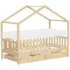 Kinderbett Hausbett 80x160 cm Natur aus Kiefernholz mit Matratze H:10cm, 2 Schubkasten, Rausfallschutz & Lattenrost ML-Design-ECD Germany Sale