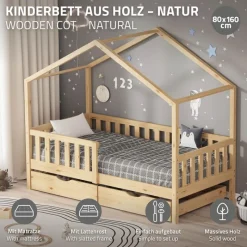 Kinderbett Hausbett 80x160 cm Natur aus Kiefernholz mit Matratze H:10cm, 2 Schubkasten, Rausfallschutz & Lattenrost ML-Design-ECD Germany Sale
