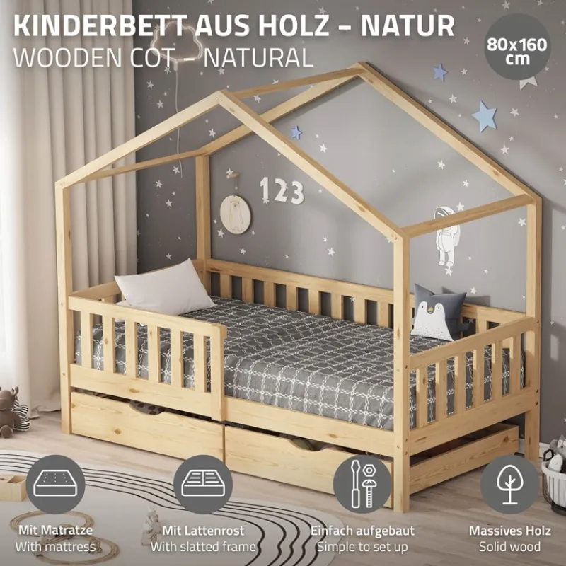 Kinderbett Hausbett 80x160 cm Natur aus Kiefernholz mit Matratze H:10cm, 2 Schubkasten, Rausfallschutz & Lattenrost ML-Design-ECD Germany Sale