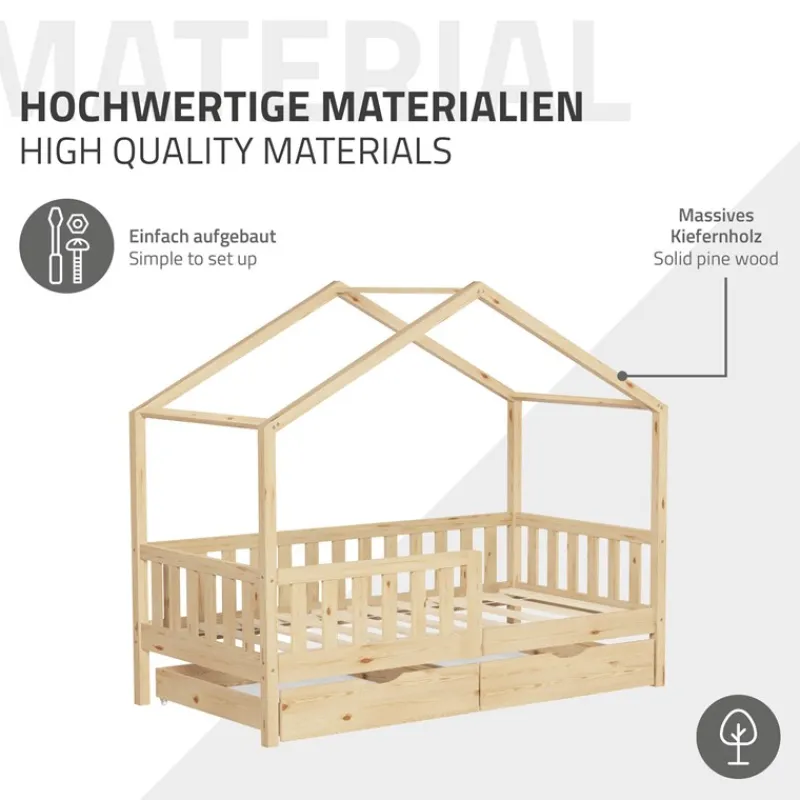 Kinderbett Hausbett 80x160 cm Natur aus Kiefernholz mit Matratze H:10cm, 2 Schubkasten, Rausfallschutz & Lattenrost ML-Design-ECD Germany Sale