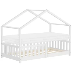 Kinderbett Hausbett 80x160 cm Weiß aus Kiefernholz mit Matratze H:10cm Rausfallschutz und Lattenrost ML-Design-ECD Germany Hot