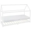 Kinderbett Hausbett 90x200 cm Weiß aus Kiefernholz inkl. Matratze H-16cm Holzbett mit Dach und Lattenrost ML-Design-ECD Germany New