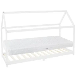 Kinderbett Hausbett 90x200 cm Weiß aus Kiefernholz inkl. Matratze H-16cm Holzbett mit Dach und Lattenrost ML-Design-ECD Germany New