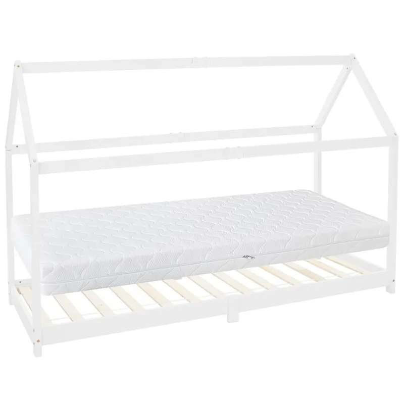 Kinderbett Hausbett 90x200 cm Weiß aus Kiefernholz inkl. Matratze H-16cm Holzbett mit Dach und Lattenrost ML-Design-ECD Germany New