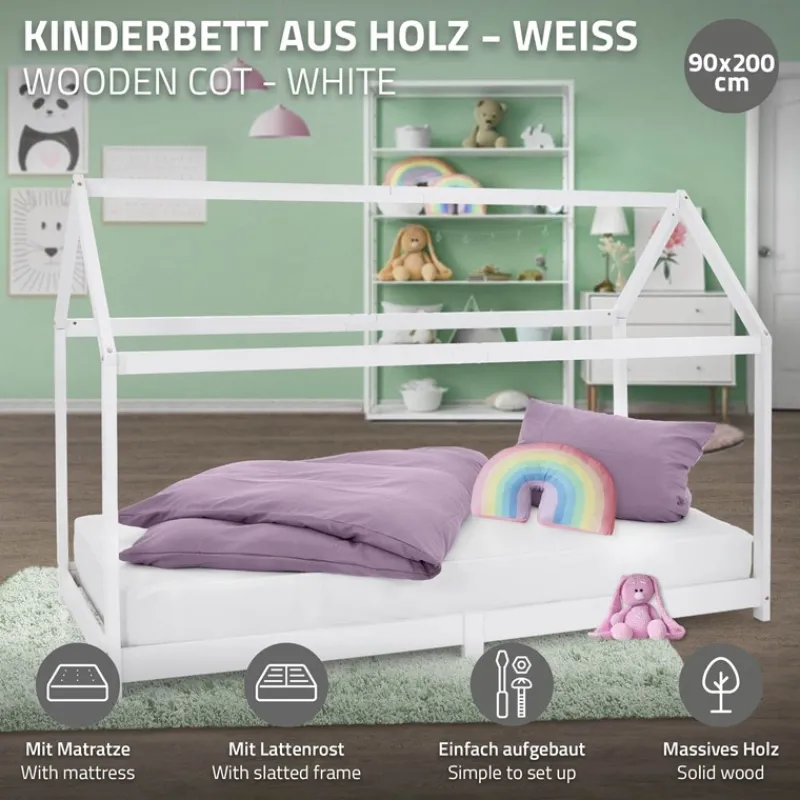 Kinderbett Hausbett 90x200 cm Weiß aus Kiefernholz inkl. Matratze H-16cm Holzbett mit Dach und Lattenrost ML-Design-ECD Germany New