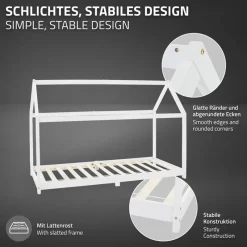 Kinderbett Hausbett 90x200 cm Weiß aus Kiefernholz inkl. Matratze H-16cm Holzbett mit Dach und Lattenrost ML-Design-ECD Germany New