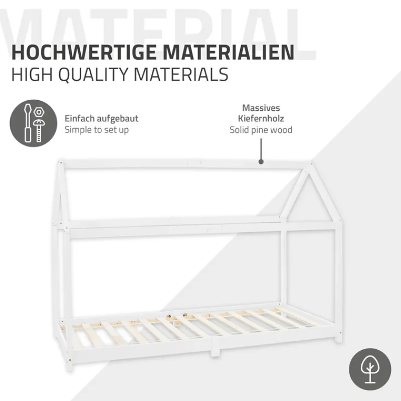 Kinderbett Hausbett 90x200 cm Weiß aus Kiefernholz inkl. Matratze H-16cm Holzbett mit Dach und Lattenrost ML-Design-ECD Germany New
