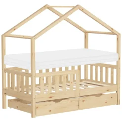 Kinderbett Hausbett 70x140 cm Natur aus Kiefernholz mit Matratze H:10cm, 2 Schubkasten, Rausfallschutz & Lattenrost ML-Design-ECD Germany Online