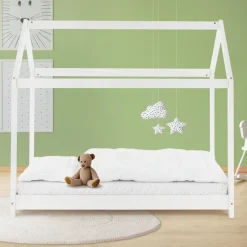 Kinderbett Hausbett 80x160 cm Weiß aus Kiefernholz Holzbett mit Dach und Lattenrost ML-Design-ECD Germany Clearance