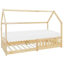 Kinderbett Hausbett 90x200 cm aus Kiefernholz inkl. Matratze H-10cm Rausfallschutz Dach und Lattenrost ML-Design-ECD Germany Clearance