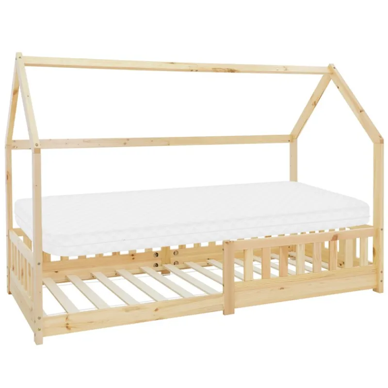 Kinderbett Hausbett 90x200 cm aus Kiefernholz inkl. Matratze H-10cm Rausfallschutz Dach und Lattenrost ML-Design-ECD Germany Clearance