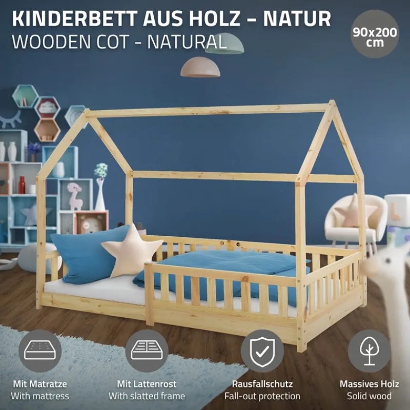 Kinderbett Hausbett 90x200 cm aus Kiefernholz inkl. Matratze H-10cm Rausfallschutz Dach und Lattenrost ML-Design-ECD Germany Clearance