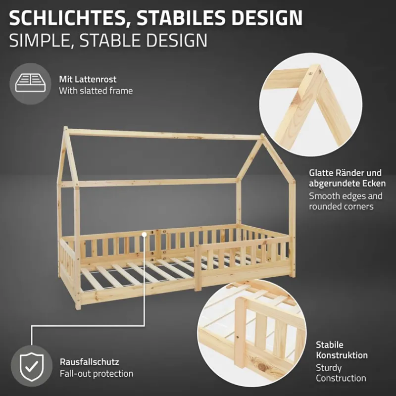 Kinderbett Hausbett 90x200 cm aus Kiefernholz inkl. Matratze H-10cm Rausfallschutz Dach und Lattenrost ML-Design-ECD Germany Clearance