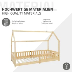 Kinderbett Hausbett 90x200 cm aus Kiefernholz inkl. Matratze H-10cm Rausfallschutz Dach und Lattenrost ML-Design-ECD Germany Clearance