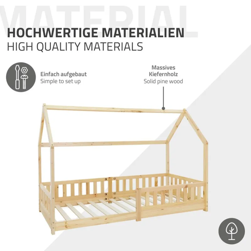 Kinderbett Hausbett 90x200 cm aus Kiefernholz inkl. Matratze H-10cm Rausfallschutz Dach und Lattenrost ML-Design-ECD Germany Clearance