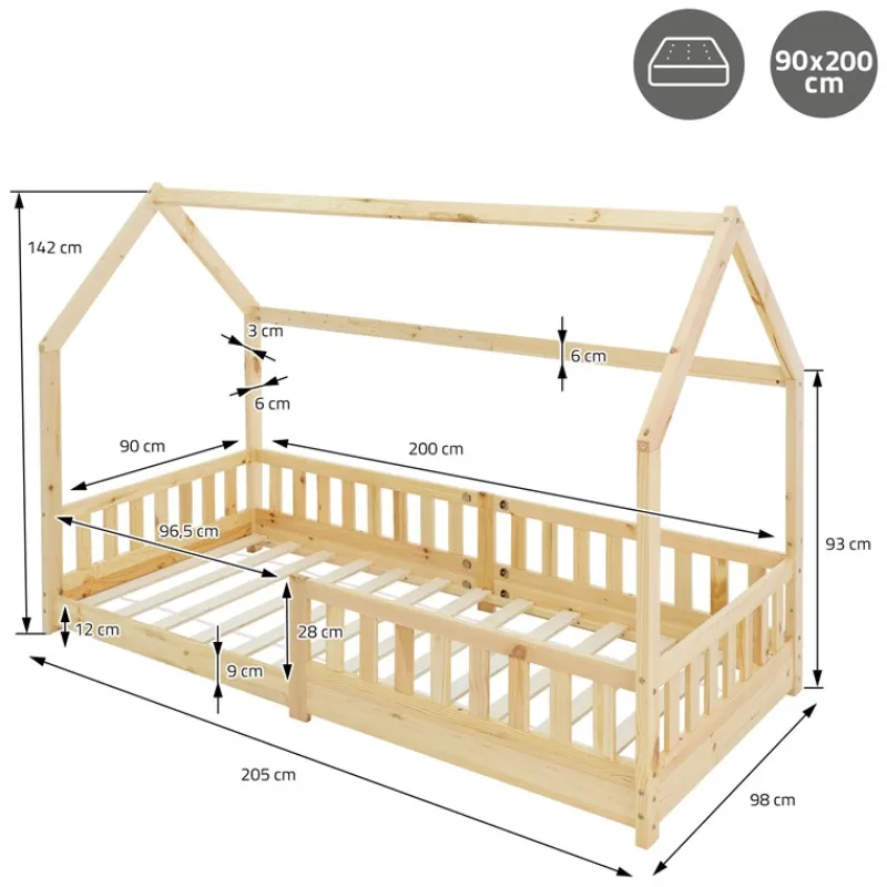 Kinderbett Hausbett 90x200 cm aus Kiefernholz inkl. Matratze H-10cm Rausfallschutz Dach und Lattenrost ML-Design-ECD Germany Clearance