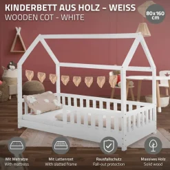 Kinderbett Hausbett 80x160 cm Weiß aus Kiefernholz inkl. Matratze H-10cm Rausfallschutz Dach und Lattenrost ML-Design-ECD Germany Online