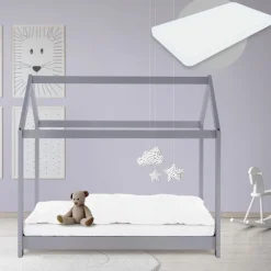 Kinderbett Hausbett 70x140 cm Hellgrau aus Kiefernholz inkl. Matratze H-10cm Holzbett mit Dach und Lattenrost ML-Design-ECD Germany Best