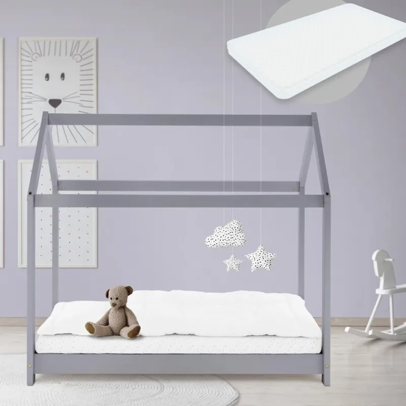 Kinderbett Hausbett 70x140 cm Hellgrau aus Kiefernholz inkl. Matratze H-10cm Holzbett mit Dach und Lattenrost ML-Design-ECD Germany Best