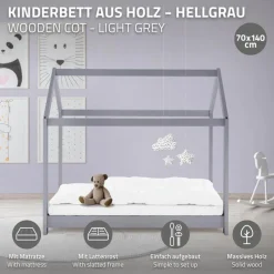 Kinderbett Hausbett 70x140 cm Hellgrau aus Kiefernholz inkl. Matratze H-10cm Holzbett mit Dach und Lattenrost ML-Design-ECD Germany Best