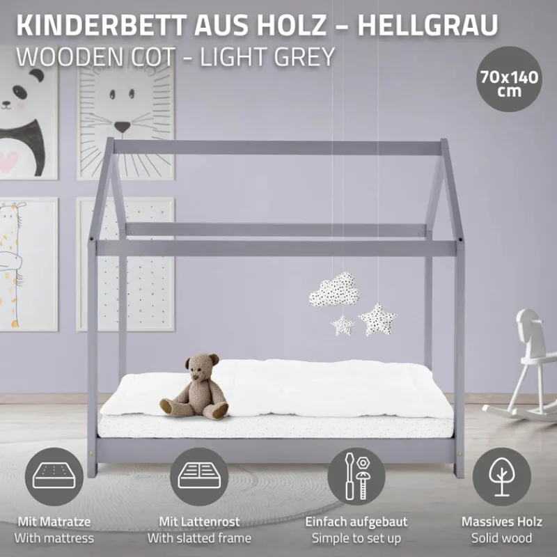 Kinderbett Hausbett 70x140 cm Hellgrau aus Kiefernholz inkl. Matratze H-10cm Holzbett mit Dach und Lattenrost ML-Design-ECD Germany Best
