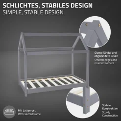 Kinderbett Hausbett 70x140 cm Hellgrau aus Kiefernholz inkl. Matratze H-10cm Holzbett mit Dach und Lattenrost ML-Design-ECD Germany Best