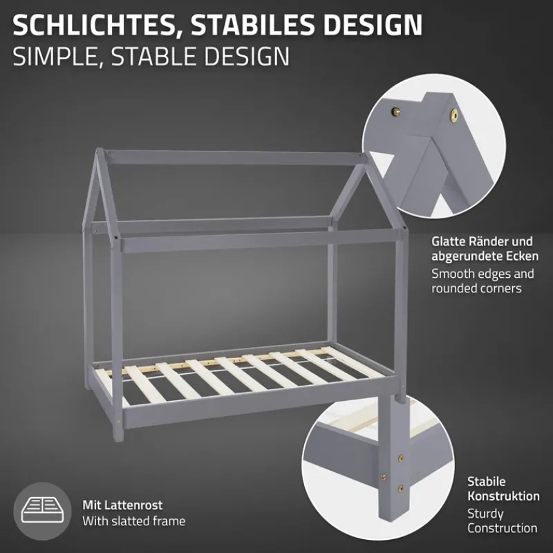 Kinderbett Hausbett 70x140 cm Hellgrau aus Kiefernholz inkl. Matratze H-10cm Holzbett mit Dach und Lattenrost ML-Design-ECD Germany Best