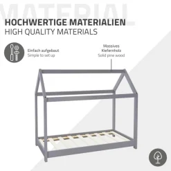 Kinderbett Hausbett 70x140 cm Hellgrau aus Kiefernholz inkl. Matratze H-10cm Holzbett mit Dach und Lattenrost ML-Design-ECD Germany Best