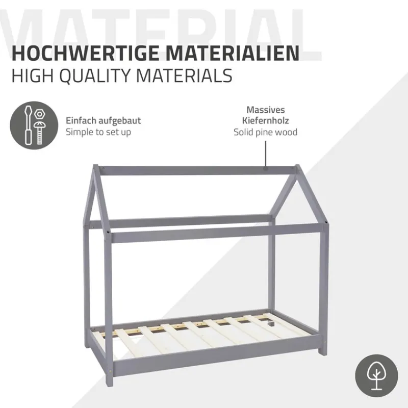 Kinderbett Hausbett 70x140 cm Hellgrau aus Kiefernholz inkl. Matratze H-10cm Holzbett mit Dach und Lattenrost ML-Design-ECD Germany Best