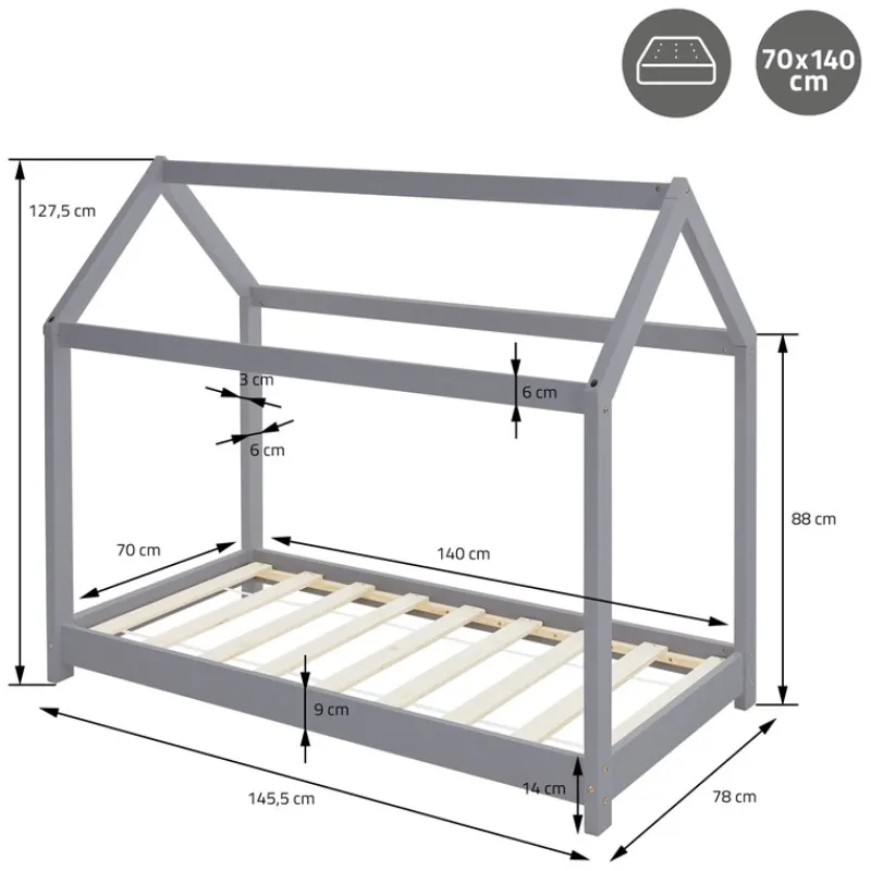Kinderbett Hausbett 70x140 cm Hellgrau aus Kiefernholz inkl. Matratze H-10cm Holzbett mit Dach und Lattenrost ML-Design-ECD Germany Best