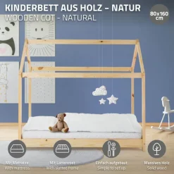 Kinderbett Hausbett 80x160 cm aus Kiefernholz inkl. Matratze H-10cm Holzbett mit Dach und Lattenrost ML-Design-ECD Germany Best