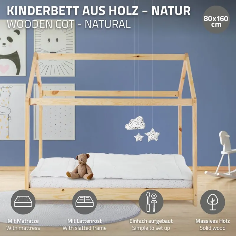 Kinderbett Hausbett 80x160 cm aus Kiefernholz inkl. Matratze H-10cm Holzbett mit Dach und Lattenrost ML-Design-ECD Germany Best