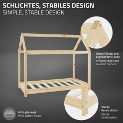 Kinderbett Hausbett 80x160 cm aus Kiefernholz inkl. Matratze H-10cm Holzbett mit Dach und Lattenrost ML-Design-ECD Germany Best