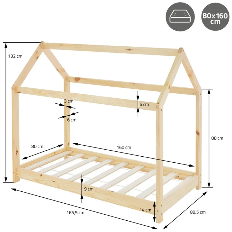 Kinderbett Hausbett 80x160 cm aus Kiefernholz inkl. Matratze H-10cm Holzbett mit Dach und Lattenrost ML-Design-ECD Germany Best