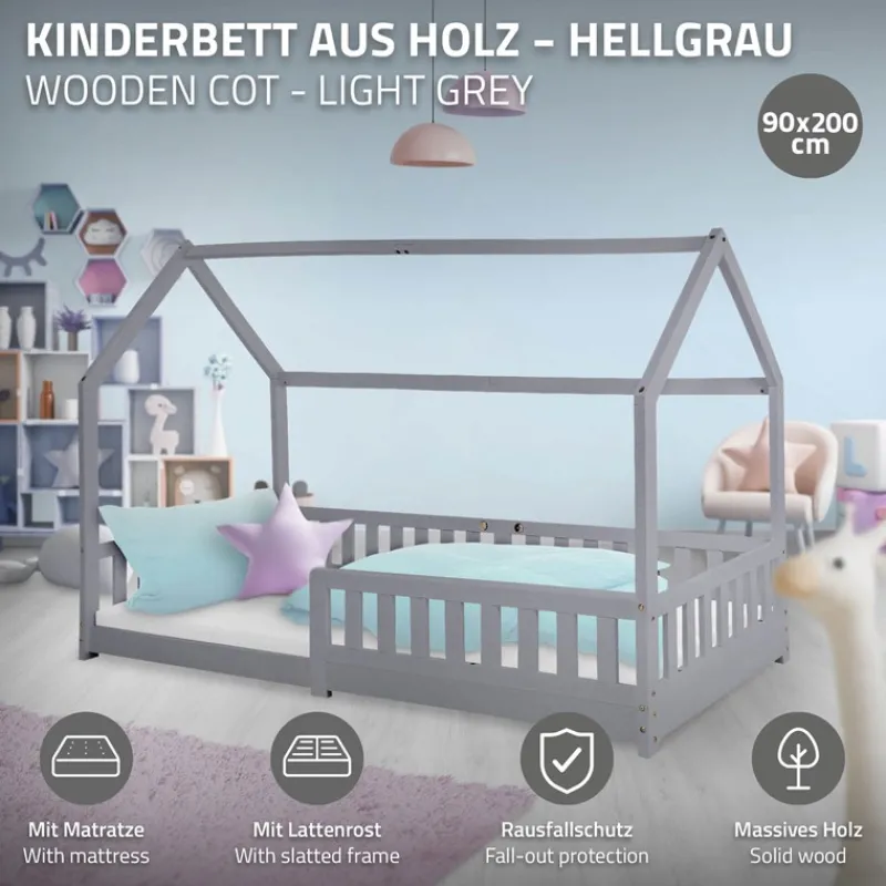 Kinderbett Hausbett 90x200 cm Hellgrau aus Kiefernholz inkl. Matratze H-10cm Rausfallschutz Dach und Lattenrost ML-Design-ECD Germany Best