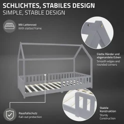 Kinderbett Hausbett 90x200 cm Hellgrau aus Kiefernholz inkl. Matratze H-10cm Rausfallschutz Dach und Lattenrost ML-Design-ECD Germany Best