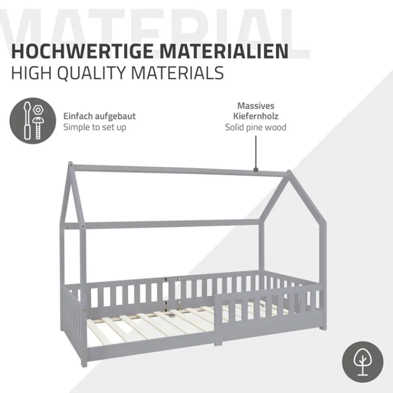 Kinderbett Hausbett 90x200 cm Hellgrau aus Kiefernholz inkl. Matratze H-10cm Rausfallschutz Dach und Lattenrost ML-Design-ECD Germany Best