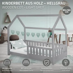 Kinderbett Hausbett 80x160 cm Hellgrau aus Kiefernholz inkl. Matratze H-10cm Rausfallschutz Dach und Lattenrost ML-Design-ECD Germany Sale