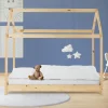 Kinderbett Hausbett 80x160 cm aus Kiefernholz Holzbett mit Dach und Lattenrost ML-Design-ECD Germany Clearance
