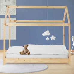 Kinderbett Hausbett 80x160 cm aus Kiefernholz Holzbett mit Dach und Lattenrost ML-Design-ECD Germany Clearance