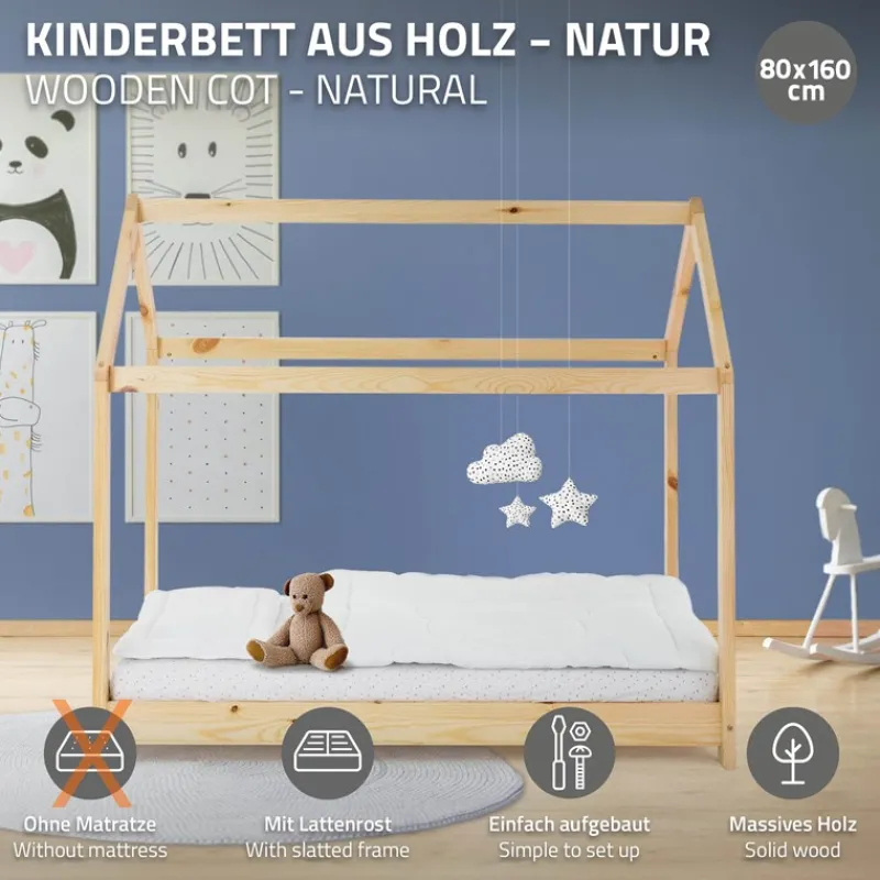 Kinderbett Hausbett 80x160 cm aus Kiefernholz Holzbett mit Dach und Lattenrost ML-Design-ECD Germany Clearance