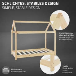 Kinderbett Hausbett 80x160 cm aus Kiefernholz Holzbett mit Dach und Lattenrost ML-Design-ECD Germany Clearance