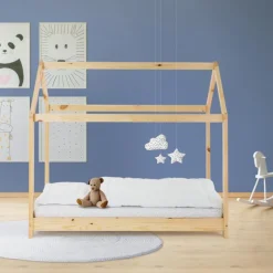 Kinderbett Hausbett 80x160 cm aus Kiefernholz Holzbett mit Dach und Lattenrost ML-Design-ECD Germany Clearance