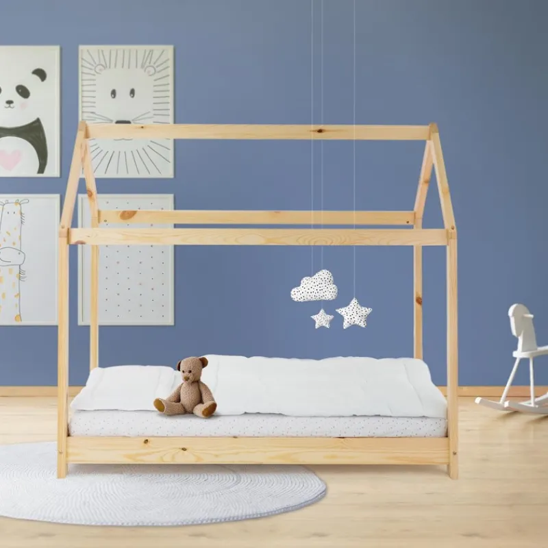 Kinderbett Hausbett 80x160 cm aus Kiefernholz Holzbett mit Dach und Lattenrost ML-Design-ECD Germany Clearance
